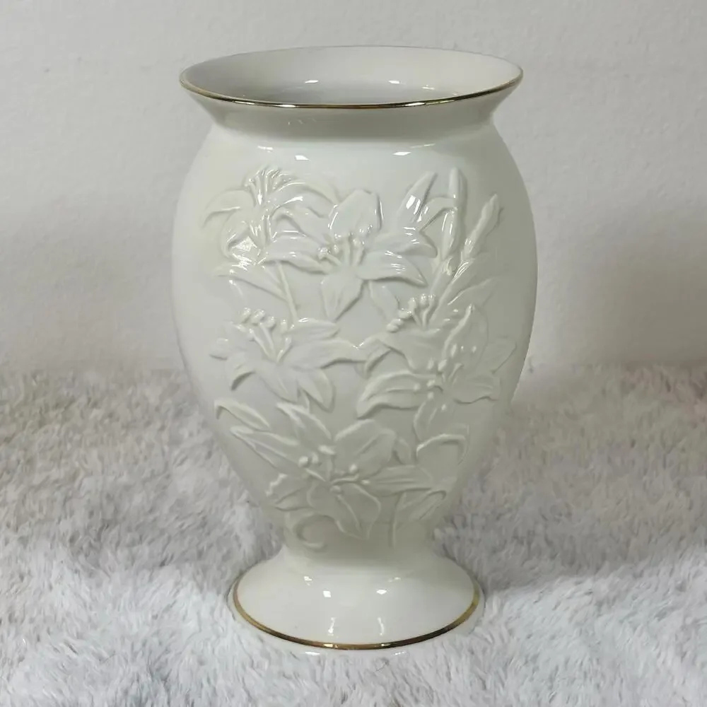 Lenox Ivory Porcelain Vase Embossed Floral Gold Trim 8.5” Vintage USA
